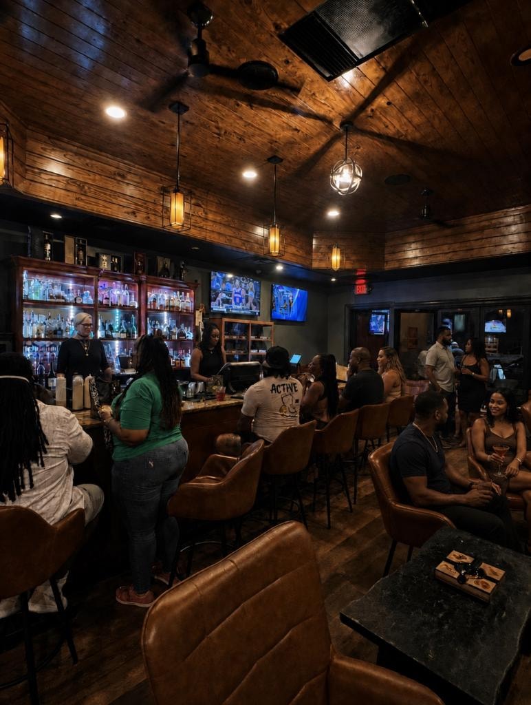 Downtown Cigar Company lounge interior showing high wood ceiling, pendant lighting, illuminated bar, leather seating, and guests
